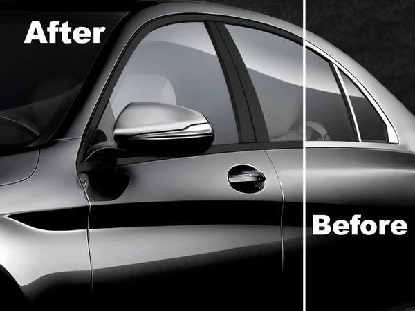 Mercedes before and after chrome delete on exterior trim