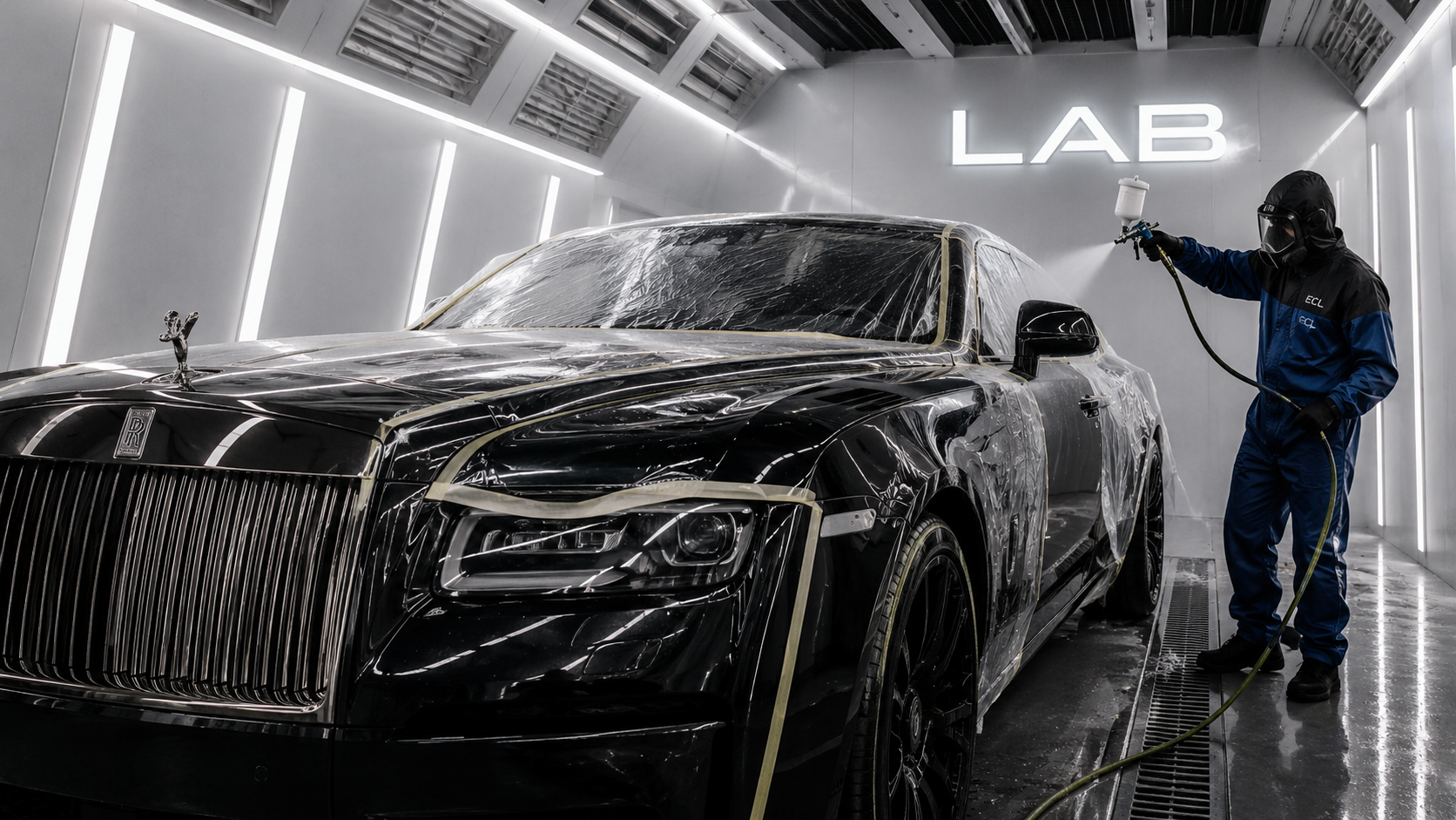 Rolls-Royce receiving paint protection film inside the Elite Custom Lab booth