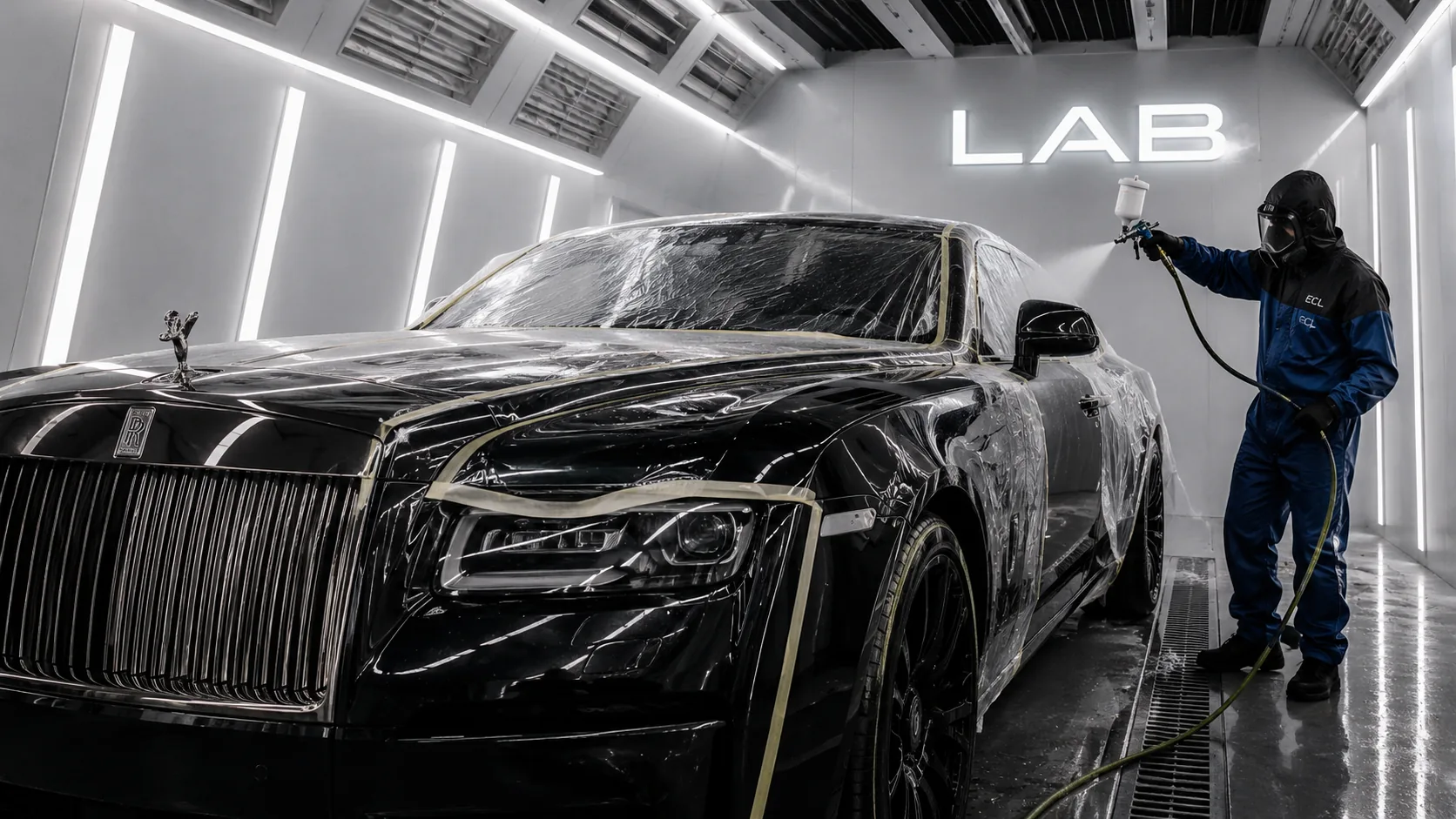 Rolls-Royce receiving paint protection film inside the Elite Custom Lab booth