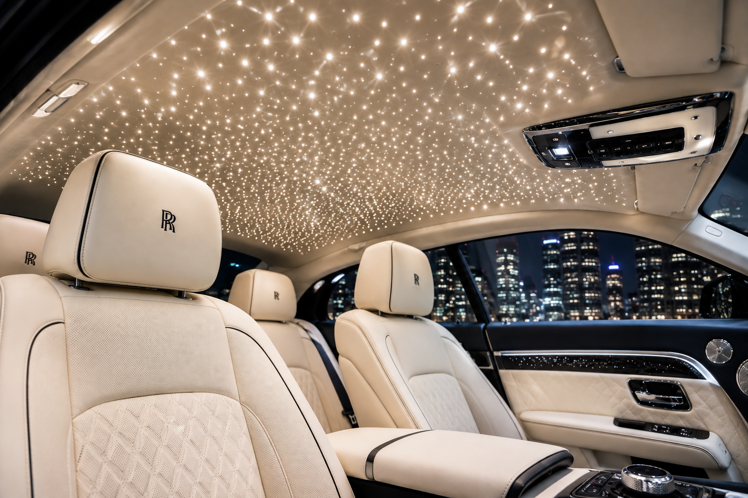 Rolls-Royce cream leather interior with illuminated custom starlight headliner