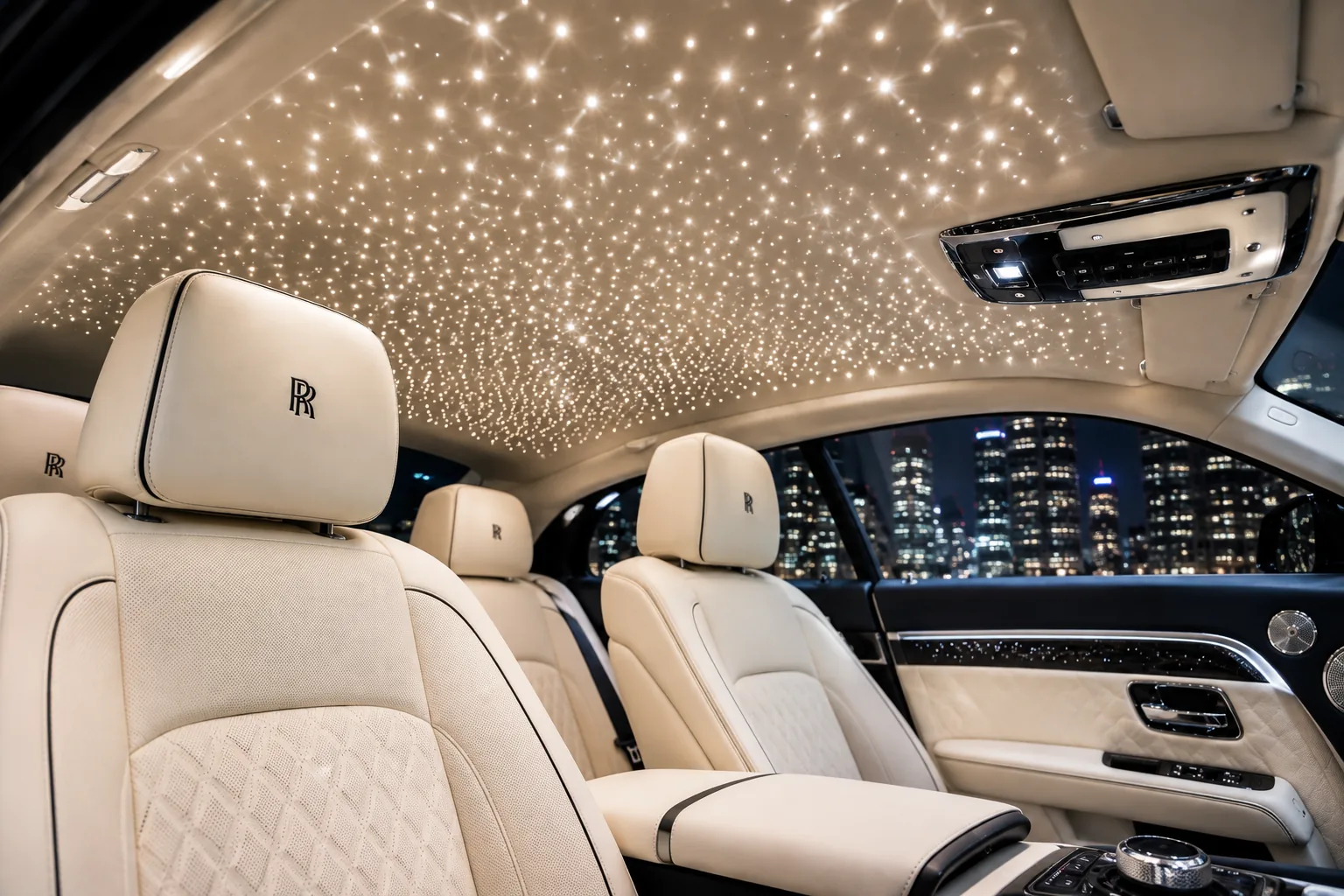 Rolls-Royce cream leather interior with illuminated custom starlight headliner